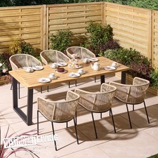 Garden Dining Set 7 Piece Acacia 210cm Table Steel Legs Rope Weave Chairs
