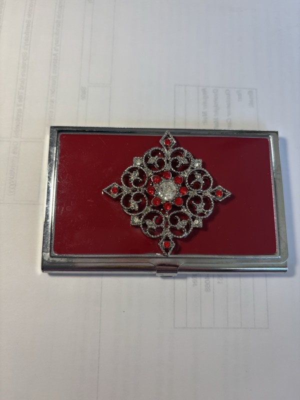 Jeweled Business Card Case. Silver Red