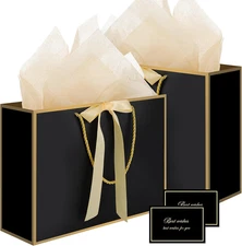 Black Gift Bags with Handles, 14" Medium Gift Bag with Tissue Paper, 2 Pcs Bags