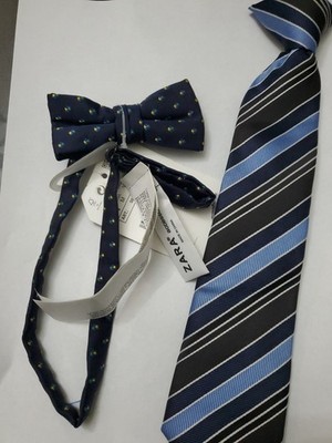  Zara Boy Accessories Bundle Dressy Jonathan David Tie + Plaid Bow Tie Navy Blue