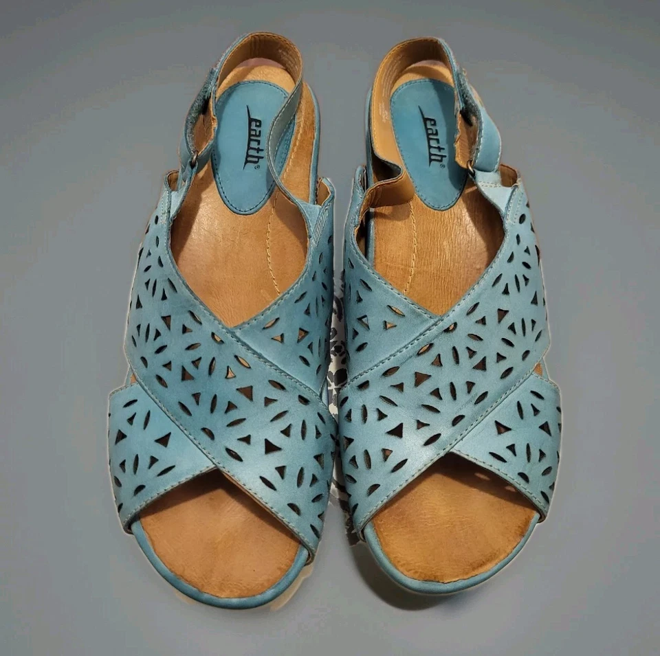 Sandália anabela de couro Earth Aries salto de cortiça tamanho 11 B turquesa casual - Imagem 2 de 4