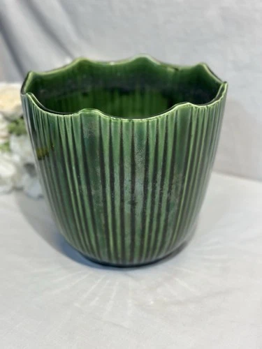Vintage McCoy Green Planter/Flower Pot MCP 633 USA 8” Tall Vertical Striped