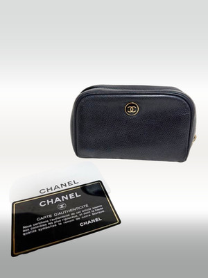 CHANEL Coco Button Pouch Leather Black Accessory Case Coco Mark Authentic
