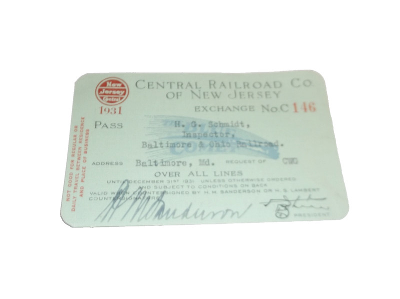 1931 CNJ CENTRAL RAILROAD OF NEW JERSEY EMPLOYEE PASS #146 B&O