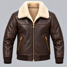 Chaqueta de bombardero de cuero marrón para hombre cuello de piel de oveja crema puños acanalados