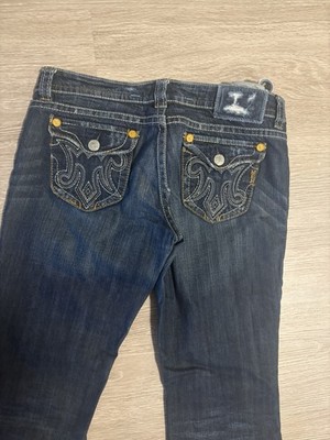 MEK DNM Women's Dark Wash Blue Bootcut Low Rise Slim Fit Embroidered Logo