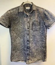 Frank Oak Button Up Shirt Mens Small Black Denim Short Sleeve Chambray Acid Wash
