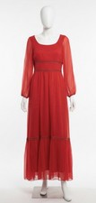 Vintage Lorrie Deb Full Length Red Dress w/Sheer Sleeves  Gold Trim Sz 11/12