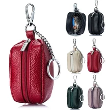 Women Genuine Leather Small Coin Holder Change Purse Zipper Key Ring Card Wallet