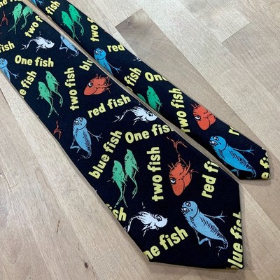 Dr Seuss Novelty Tie One Fish Two Fish Red Fish Blue Fish 100% Silk Tall Necktie