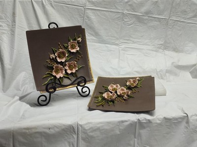  2 Vintage Wild Rose Wall Plaques Pink Gold Hollywood Regency Hand Painted 