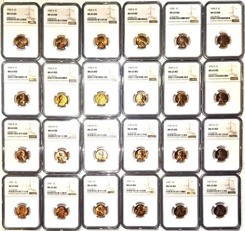 Lincoln Wheat Cent 24-Coin Set - 1953 to 1957 - NGC Certified - All MS 65 RD