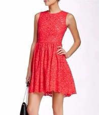 498 KATE SPADE Lace Cutout Back Dress In Geranium High Low Red Fit Flare Sz 4