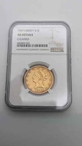 1907 $10 Gold Liberty Head Coin  NGC AU Details Cleaned
