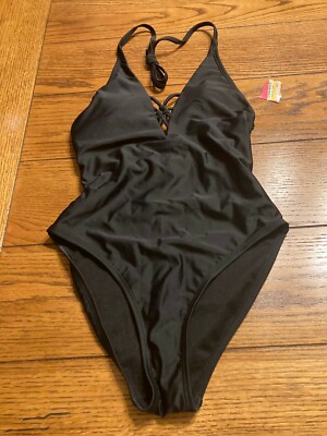 Xhilaration Strappy Back One Piece Black Bathing Suit Size XS Open Back  New