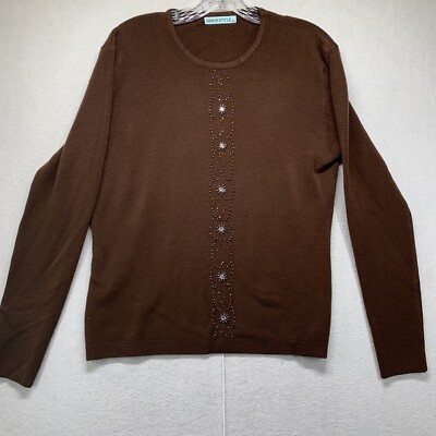 Womens Light Sweater Pullover SEMIR Blouse Brown Embroidered Beaded Medium Large