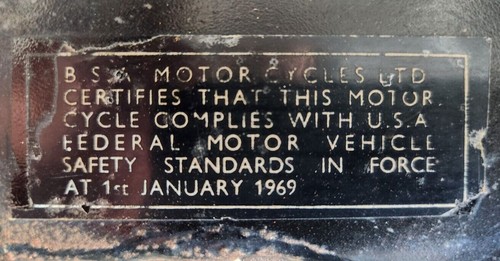 B.S.A. MOTORCYCLES LTD. CERTIFIES gold die cut frame sticker 1969-70 A65 A50 A75