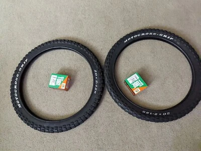 TWO DURO 20X2.125 BMX BICYCLE TIRES BLACK MOTOCROSS LOGO & 2 TUBES, OLD SCHOOL