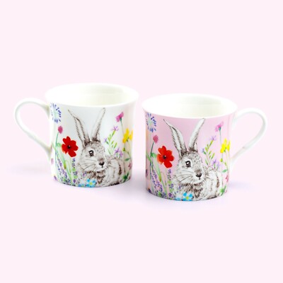 Grace Teaware Pink & White Flower Bunny Bone China Assorted Mugs Set of 2
