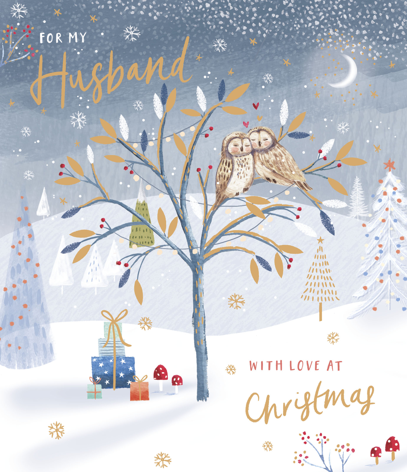 For My Husband Gold Foiled Owls Christmas Card Xmas Greeting Cards