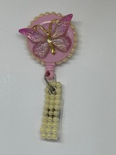 Jewelry Bling Theme ID Badge Reel Pink Butterfly Off-White Pearls Handmade