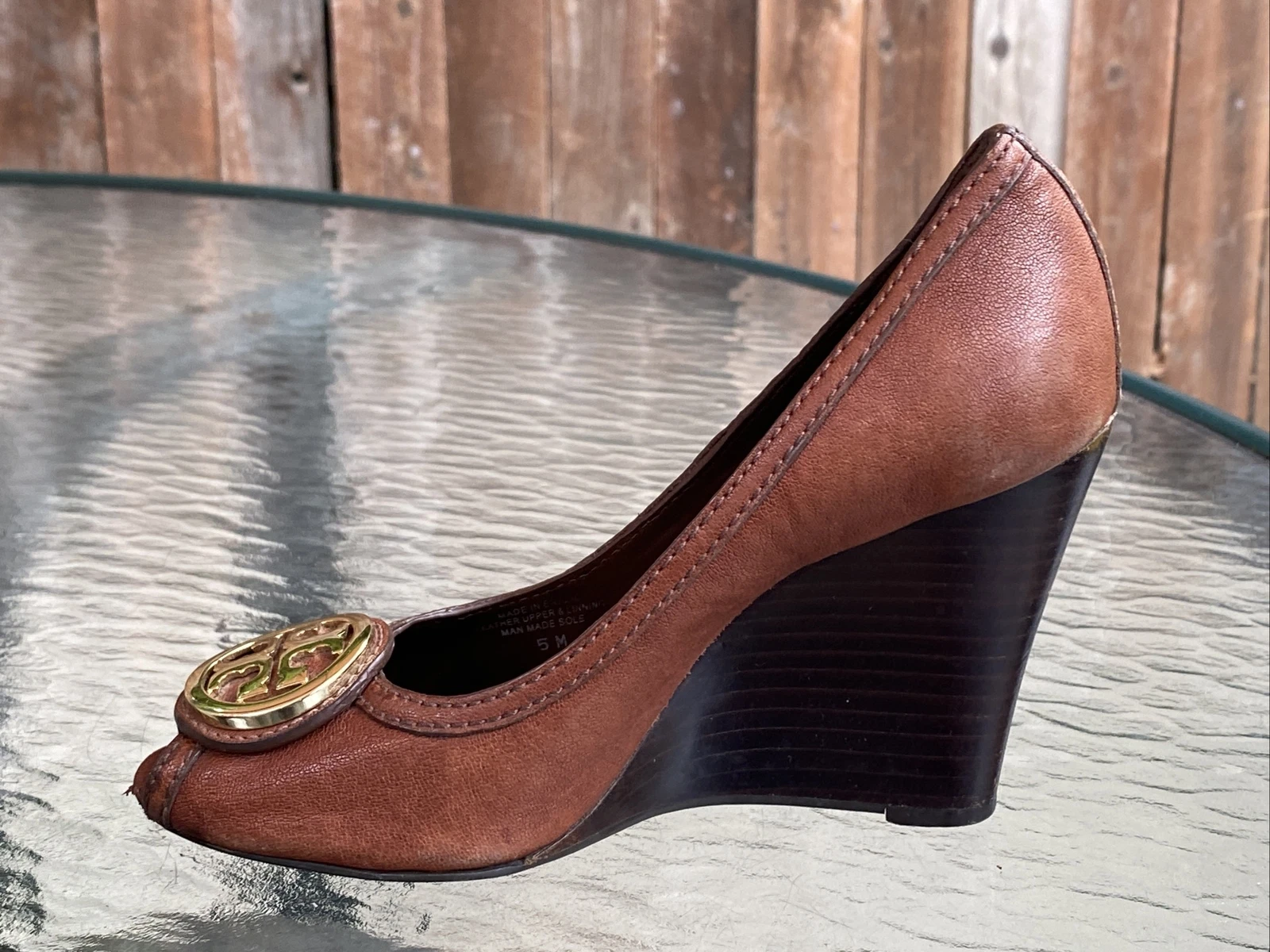 Scarpe tacco a zeppa Tory Burch Selma punta aperta 5 M marroni in pelle