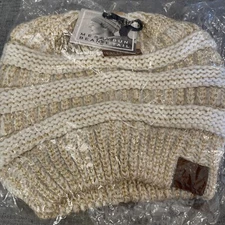 CC Beanie Messy Bun Tail Soft Stretch Cable Knit Beanie Ivory Metallic Gold