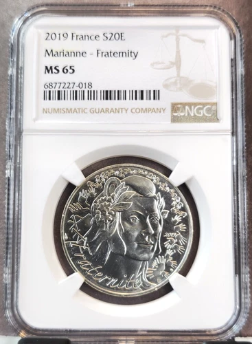 2019 FRANCE SILVER 20 EURO MARIANNE FRATERNITY NGC MS 65 GEM BU TOP POP 1