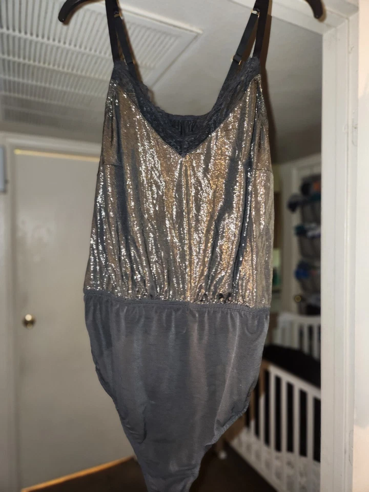 Cacique Seriously Sexy Cheeky Bodysuit Metallic Gold/Black & Mesh SZ 14/16 - Image 2 of 3