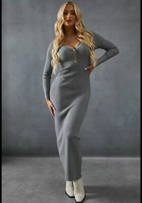  Misspap Womens Knitted Dress Grey Gold Trim Bodycon Midaxi Long Sleeve 