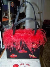 Red Hat Society Purse Ostrich Feathers + Hat Brooch & Clip on Earrings Nice