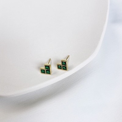 14K Gold Smaragd Tetris Herz Ohrstecker - S925 Sterlingsilber, grün, Perlen, klein