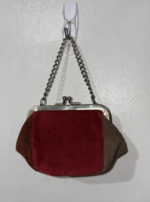 Vtg Patchwork Suede Coin Change Purse Brown Red Beige Taupe Kiss Lock w/Chain