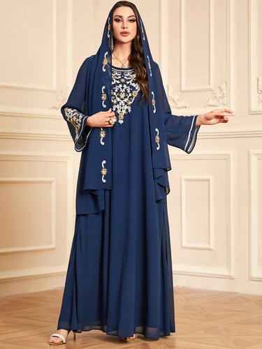 Muslim Embroidery Chiffon Long Dress Abaya Dubai Kaftan With Scarf Islamic Robe - Picture 12 of 16