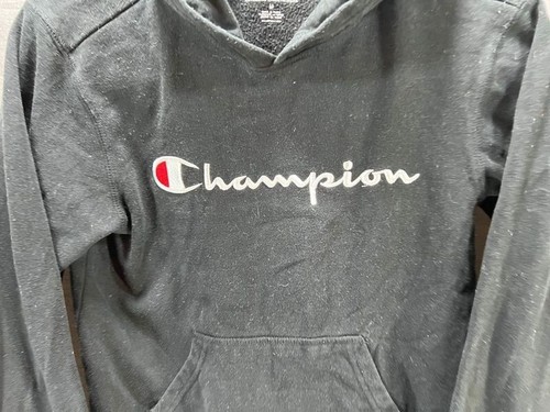 Champion Shirt Boys Medium Black Logo Long Sleeve Hooded Kids Youth - Picture 4 of 9