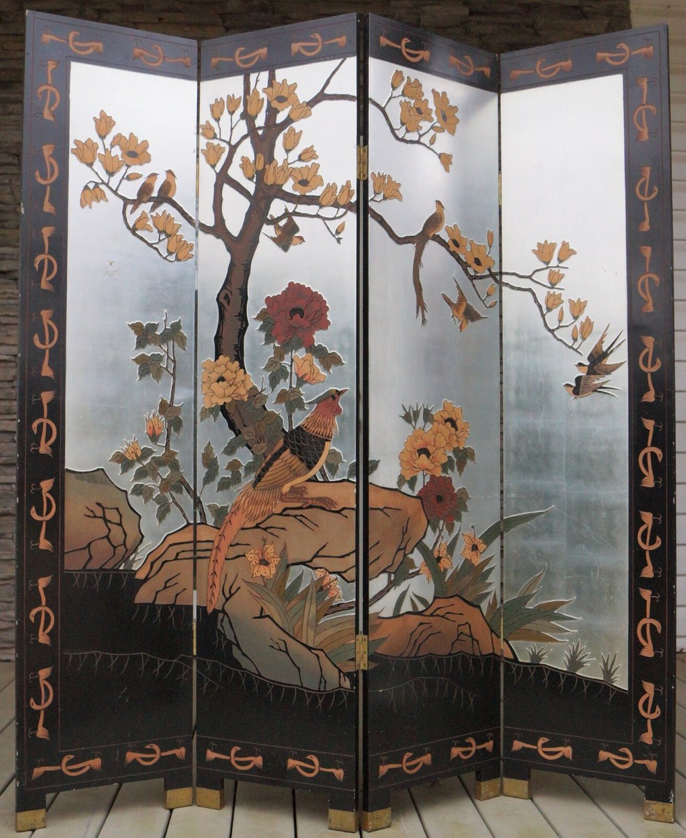 Vintage Oriental Black/Silver Chinoiserie Four Panel Screen