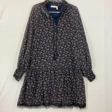 See By Chloé size FR 40 Navy & Pink Floral Lace Boho Relaxed Chiffon Dress