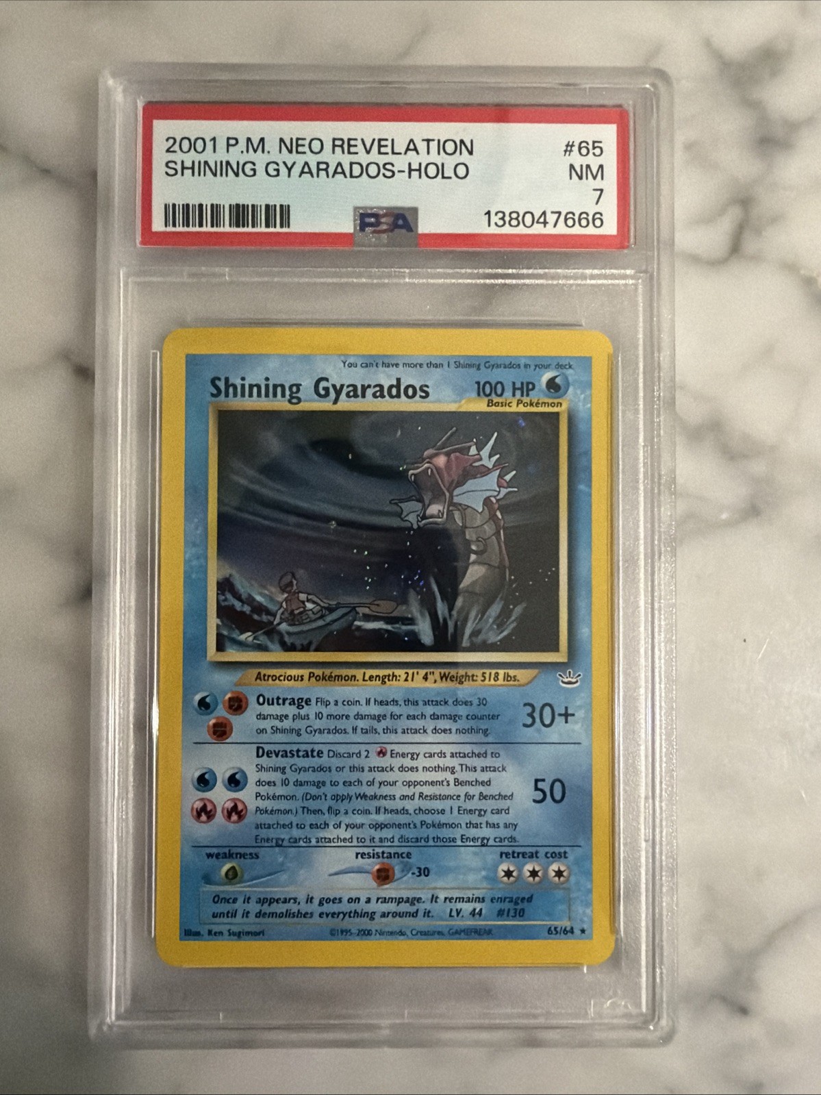 2001 P.M. Neo Revelation Shining Gyarados Holo Card #65/64 PSA 7
