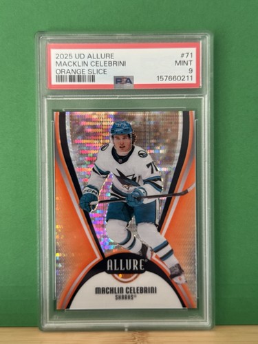Upper Deck 2025-26 Allure Macklin Celebrini Sharks #71 Orange Slice PSA 9
