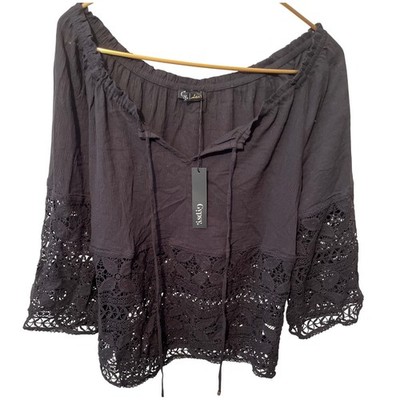 Gypsy 05 Ajara Black Lace Crochet Boho Blouse Top Women's Size L NWT