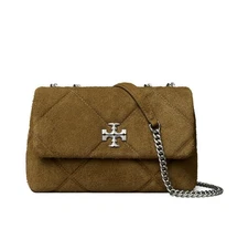 NWT Tory Burch Kira Suede Diamond Quilted Shoulder Bag Silver / Deep Olive Suede