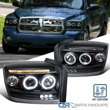 Fits 05-07 Dodge Dakota Black LED Strip Halo Projector Headlights Lamps LH+RH