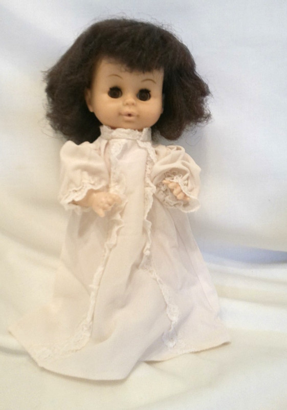 Vintage Uneeda Drink And Wet  Baby Doll Brown Eyes Wearing Playmates Doll Gown
