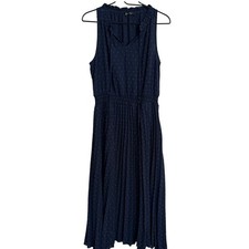 PRETTY GARDEN Navy Blue Polka Dot Pleated Midi Dress Women's Size L Sleeveless