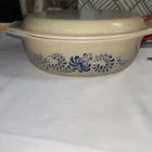 Pyrex Vintage 2 1/2 Qt Tan Blue Casserole OvenWear Dish w/t Lid USA