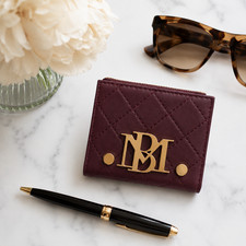 Badgley Mischka Short Card Wallet Plum Quilted Vegan Leather Gold Logo NWT 49