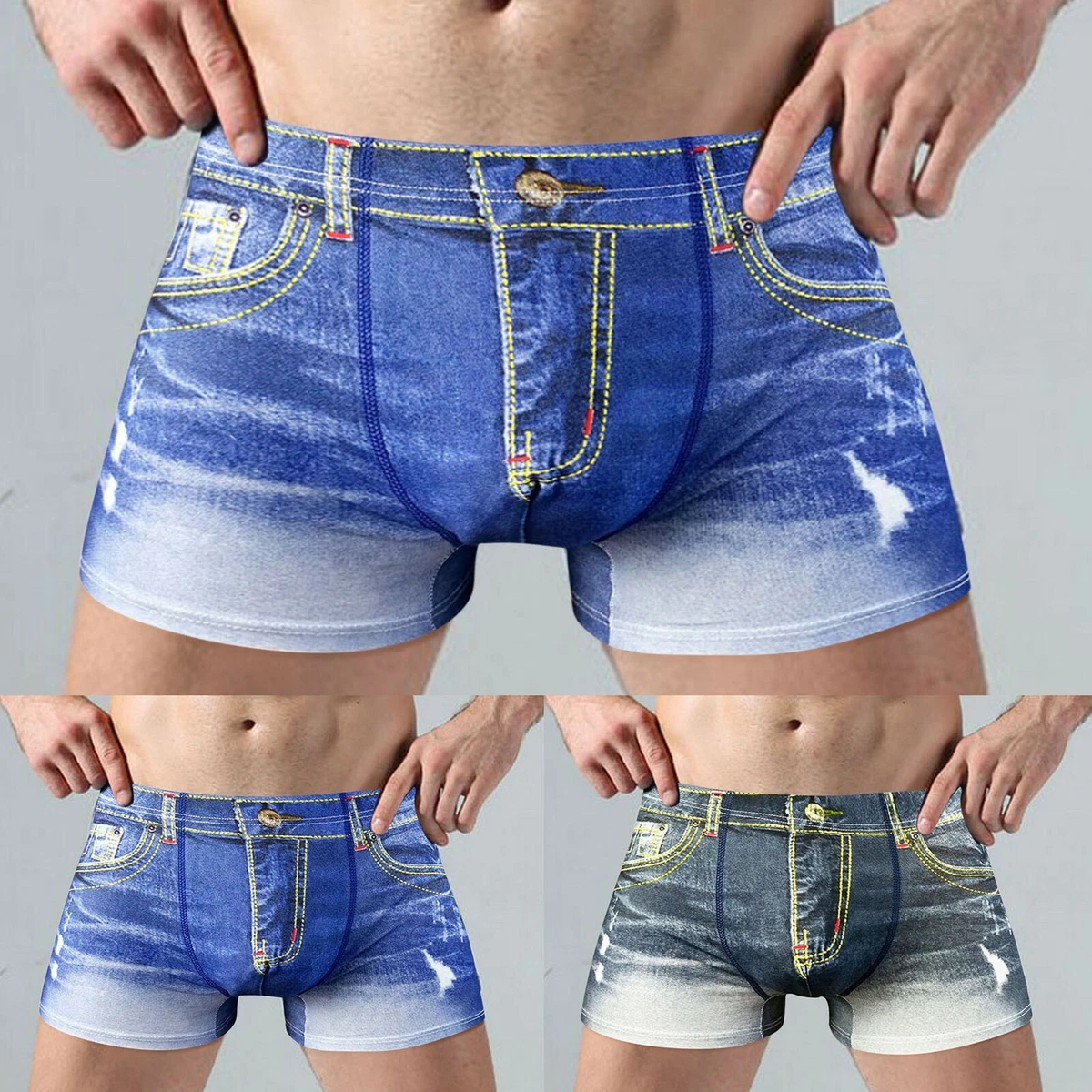 Men's Smooth Cotton Shorts Fake Denim Jean Printed Boxer Briefs Underwear US