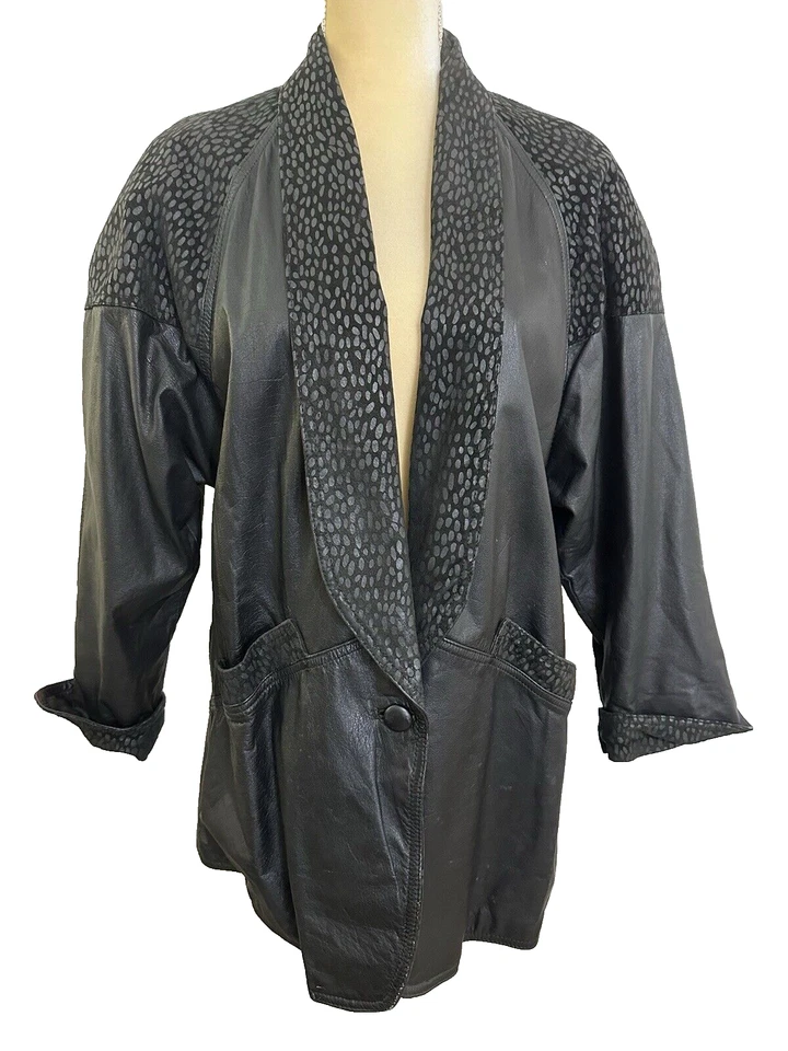 Chaqueta de cuero negra Winlit vintage años 80 talla pequeña para mujer cuello chal