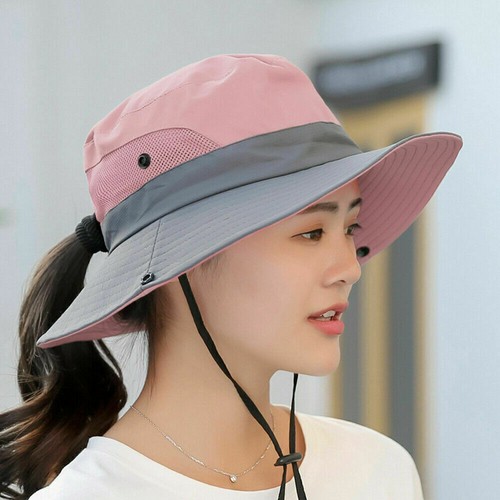 Women's Summer Bucket Hat Sun UV Ponytail Wide Brim Boonie Protection Travel Cap - Picture 2 of 8