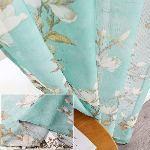 Turquoise Sheer Curtains 63 Inch Length 2 Panels For Living Roomfloral Semi Shee - Picture 7 of 9